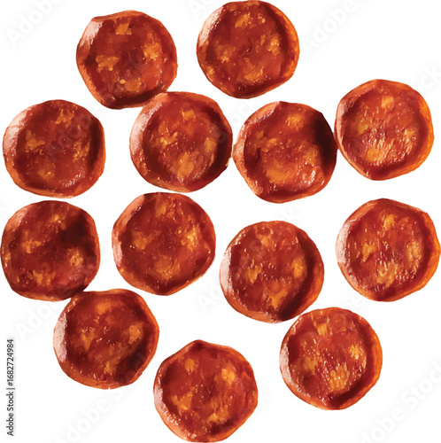 Delicious sliced chorizo sausage pattern top view isolated food photography for culinary concepts and gastronomy isolated on white background