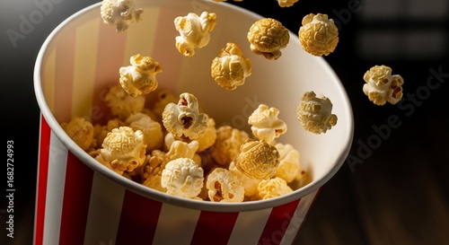 Popcorn spilling from a striped paper container, showcasing the light golden kernels.