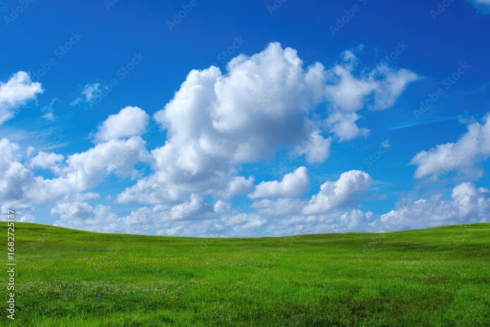 Obraz premium Vast grassy plain under a vibrant blue sky dotted with fluffy white clouds