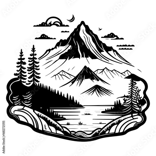 Majestic mountain landscape design with serene lake and celestial elements creating nature's