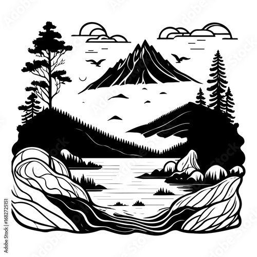Majestic mountain landscape with serene lake, trees, clouds, birds, tranquil scene illustrated