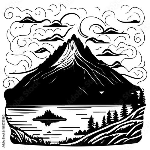 Majestic mountain peak reflecting on tranquil lake surrounded by nature's peaceful monochrome