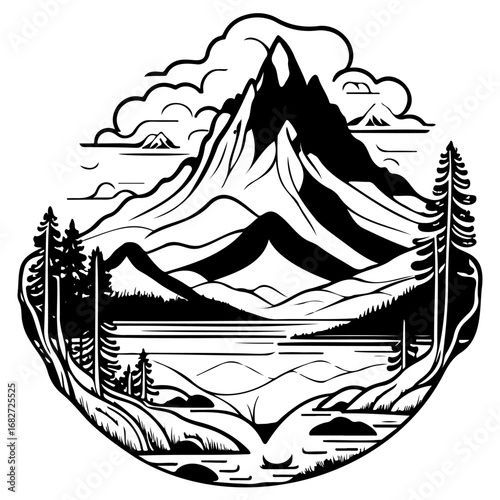 Majestic mountain range landscape with evergreen trees reflecting on pristine waters in an