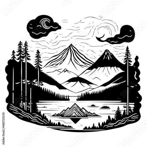 Majestic Mountain Range Reflected in Serene Lake Under Cloudy Sky Black and White Illustration