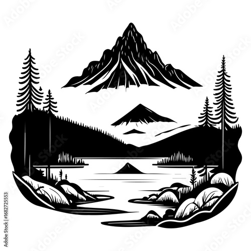 Majestic mountain range reflecting on a tranquil lake amidst a serene forest landscape in