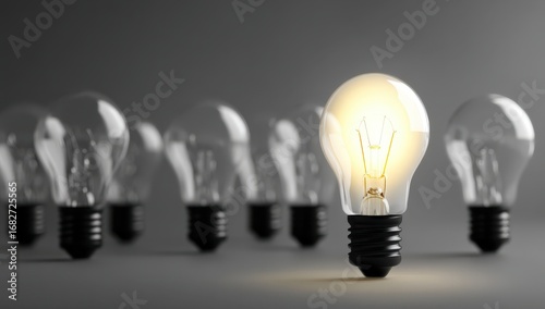A group of ceiling light bulbs, with one brightly lit