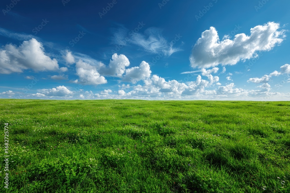 Obraz premium Expansive green field under a vibrant blue sky
