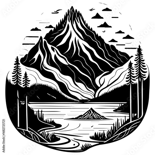 Majestic mountain scene with serene lake encapsulated in a circular frame enhancing natural beauty