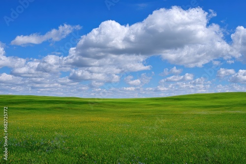 Fototapeta Naklejka Na Ścianę i Meble -  Vast green field under a partly cloudy blue sky