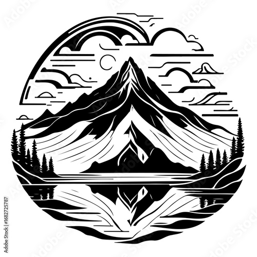 Majestic mountainscape illustration reflecting peacefulness tranquility and wonder in a minimalist