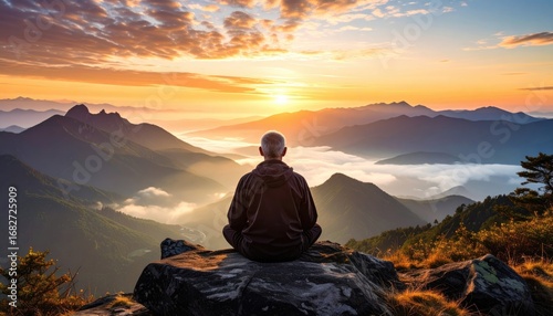 A lone figure sits atop a rocky peak, gazing into a golden sunrise over layered mountains and mist-filled valleys. Serene, quiet, and contemplative atmosphere