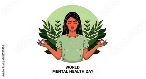 Woman Meditating with Hands in Mudra Position, Black Hair, Green T-Shirt