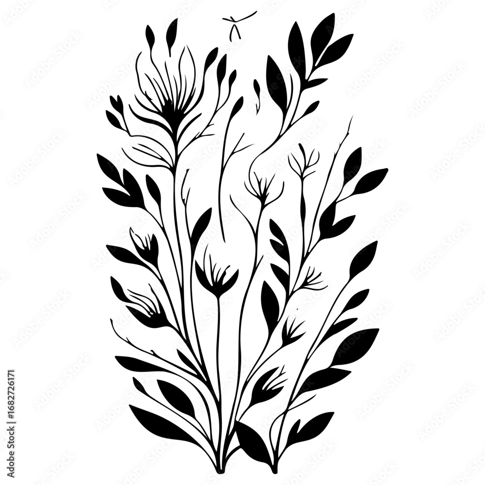 Fototapeta premium Minimalist botanical illustration featuring delicate floral branches and leaves creating a serene