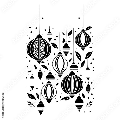 Minimalist black and white graphic with hanging lanterns and leaves, showcasing decorative