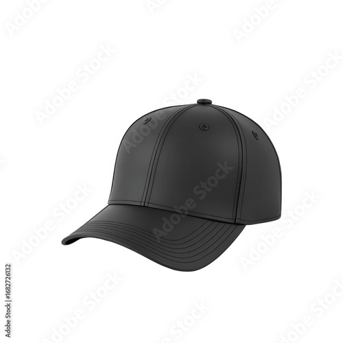 A stylish, dark gray baseball cap, angled, with visible stitching and bill, is presented against a plain black backdrop.