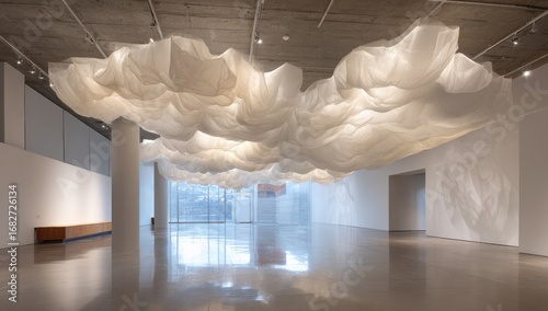 Large, flowing white fabric clouds hang from a modern gallery ceiling
