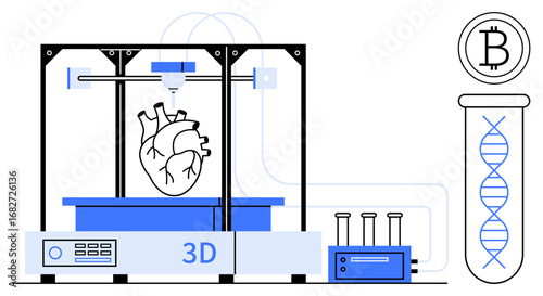 3D printer designing a human heart, DNA helix in a glass tube, and Bitcoin logo. Ideal for healthcare, biotech, innovation, technology, cryptocurrency, scientific research simple flat metaphor