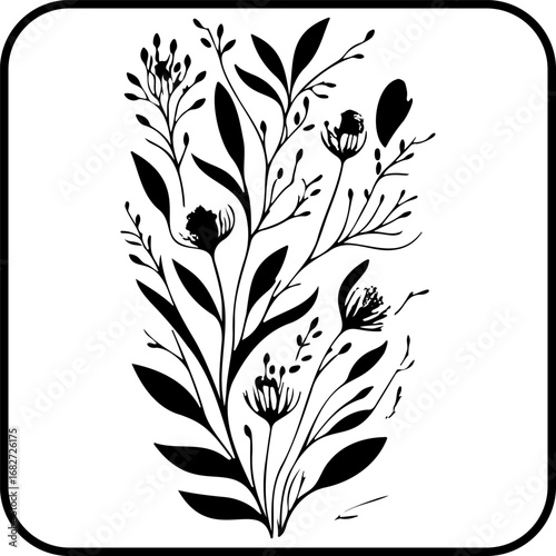 Minimalist botanical illustration featuring stylized flora creates an elegant and modern black and