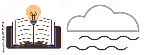 Open book with lightbulb symbolizing ideas and learning. Cloud with wavy lines reflects imagination and innovation. Ideal for education, creativity, learning, knowledge, inspiration, thinking