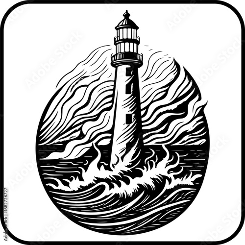 Monochromatic coastal beacon illustration depicting maritime navigation against a turbulent ocean