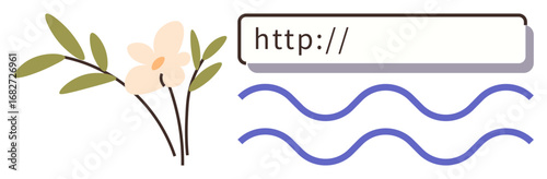 Address bar box with http text, floral branch on the left, purple wavy lines. Ideal for nature, internet, minimalism, connectivity, environmental themes, creative web design simple flat metaphor