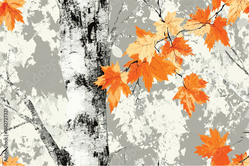 Vector drawing of maple leaves on a tree trunk, with a grey background and an orange and white color scheme, depicting an autumn forest