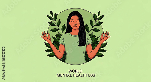 Meditating Woman with Black Hair and Green Shirt, Leafy Circle