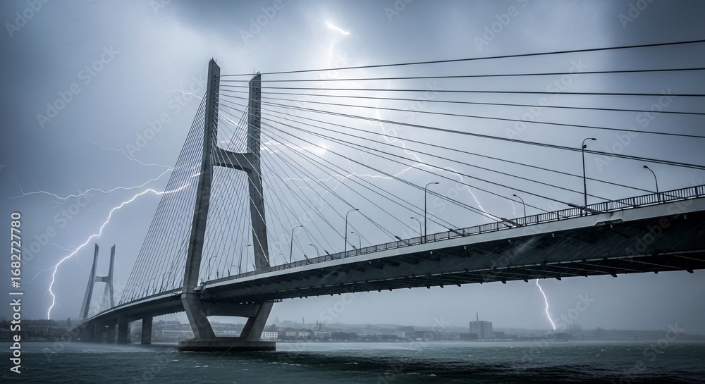Obraz premium A massive cable-stayed bridge spans a body of water during a dramatic thunderstorm, with lightning striking nearby.
