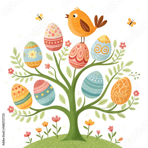 Whimsical easter egg tree with bird and butterflies isolated on transparent background
