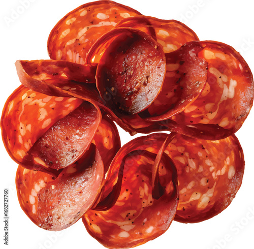 Stack of Sliced Pepperoni or Salami Meat on White Background