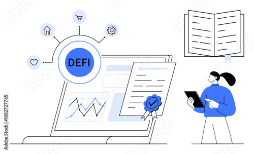 DEFI diagram with icons for housing, shopping, and gear connected, laptop with graph, verified document, book, person with tablet. Ideal for fintech, blockchain crypto analysis business finance