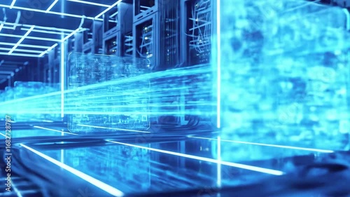 Futuristic data center with glowing blue data streams flowing through transparent cubes and servers