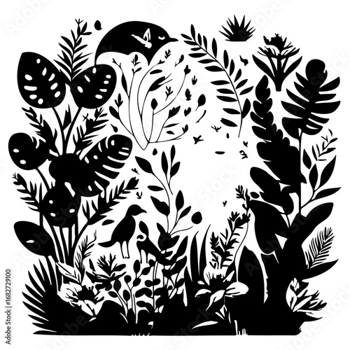 Monochrome botanical illustration showcasing varied flora and fauna in a dense composition for