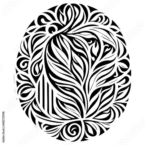 Monochrome botanical oval illustration with swirling tendrils and linear patterns creating a