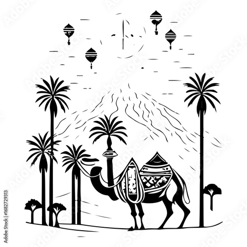 Monochrome camel caravan silhouettes against mountain with palm trees beneath lanterns create a