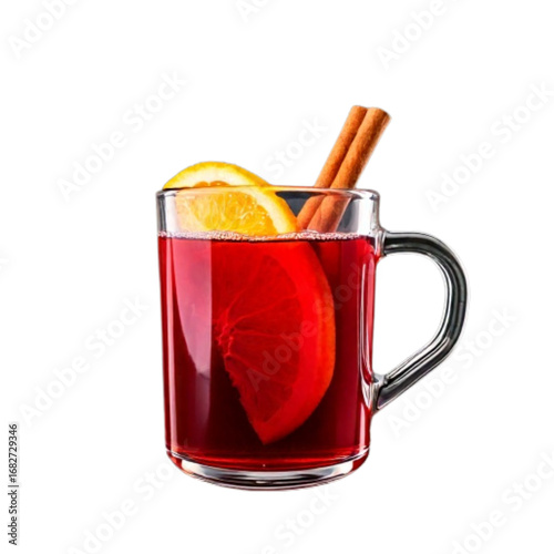 Classic German Glühwein in Glass Mug with Cinnamon Stick, Front View, Isolated.