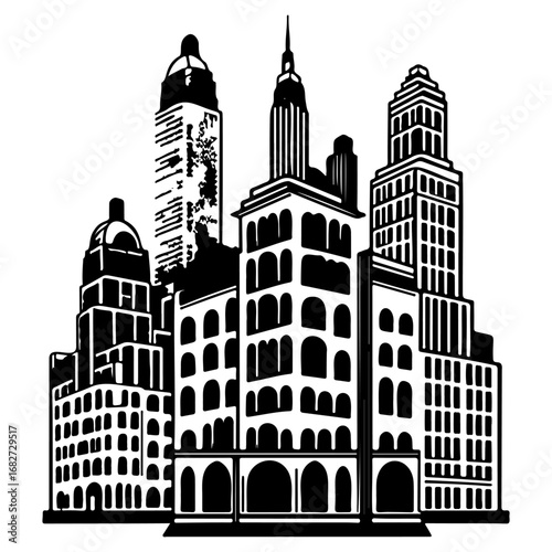 Monochrome cityscape silhouette showcasing varied architectural styles conveying urban development