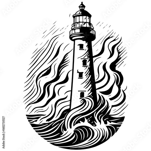 Monochrome coastal sentinel illustration of a towering beacon guiding ships amid turbulent waves