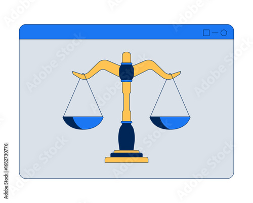 Digital justice scale in browser window 2D cartoon object. Legal technology. Virtual court. Online law services inside web interface isolated element flat vector clip art on white. Spot illustration