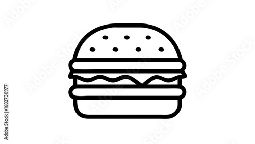 Simple black and white outline icon of a classic hamburger with sesame seeds on the bun, representing fast food or a meal.