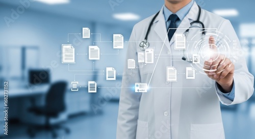Doctor interacting with digital medical records interface healthcare technology
