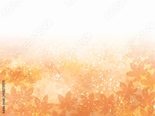 秋の紅葉のイメージの背景素材。水彩風テクスチャー。紅葉の葉っぱのシルエット。セピア調の落ち着いた色調。ふんわりした光の輝き。コピースペース。