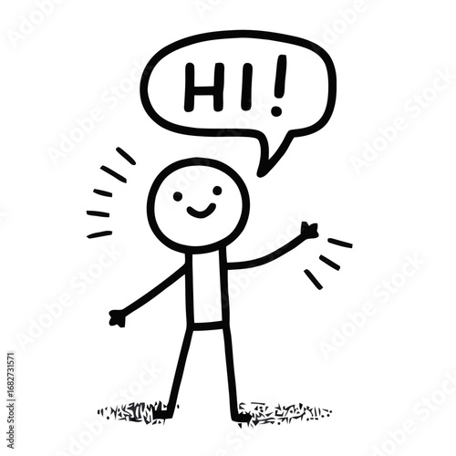 Vector art of a simple, handdrawn stick figure waving and saying hi in a speech bubble, isolated on a transparent background