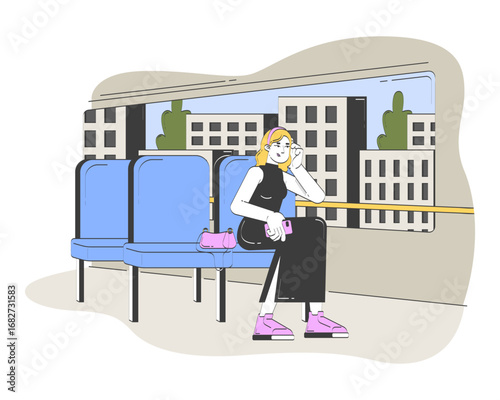 Female commuter sitting alone in bus with city view doodle cartoon illustration. Woman looking out window with phone, purse 2D flat character isolated on white. Doodleart hand-drawn drawing colorful