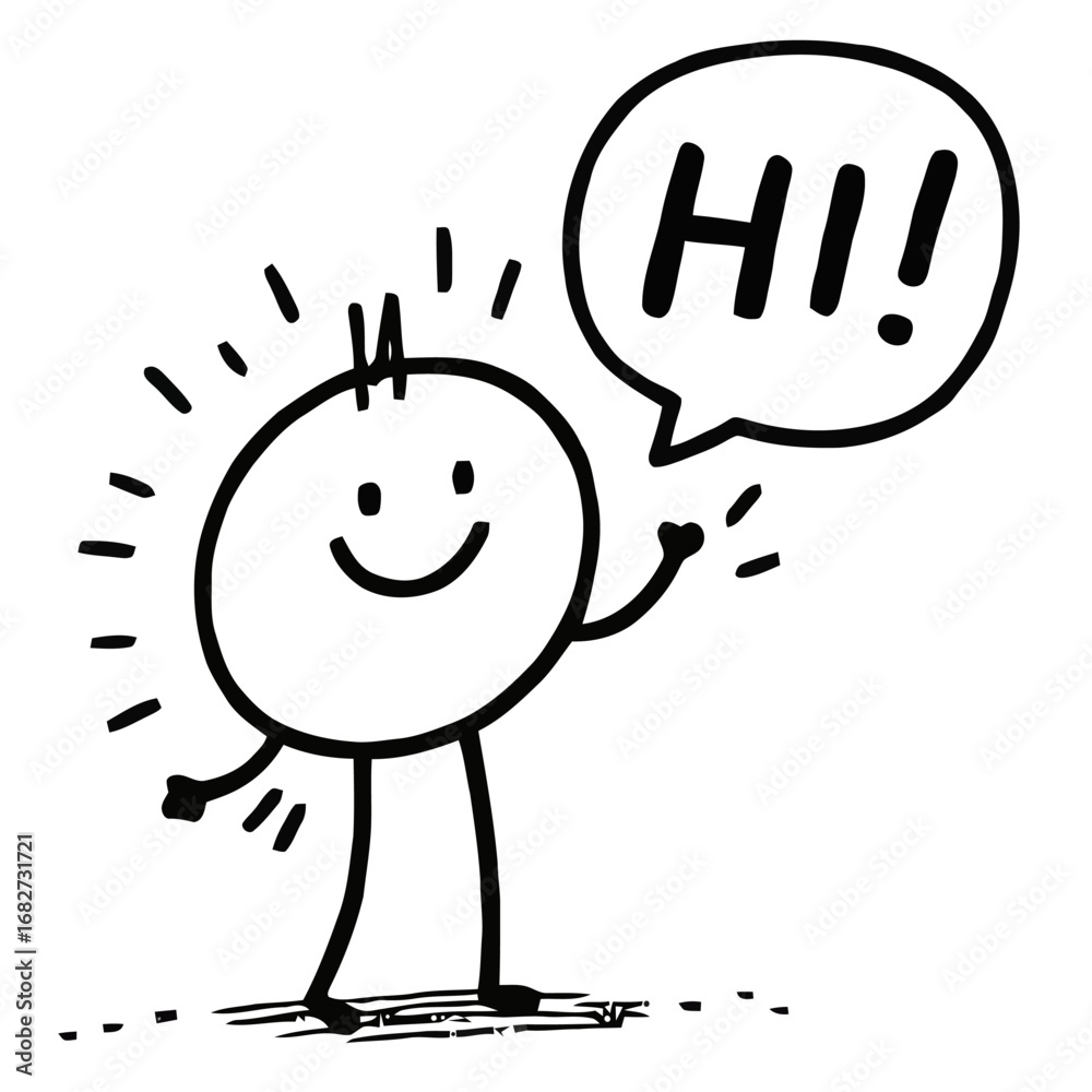 Obraz premium Vector art of a simple, cheerful cartoon character with a smiley face and stick arms and legs, waving and saying hi in a speech bubble