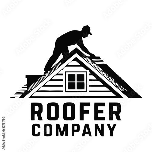 Vector art of silhouette of a roofer working on a house roof, with the text roofer company below