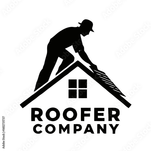 Vector art of silhouette of a roofer working on a house roof