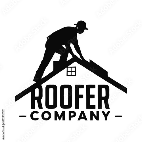 Vector art of silhouette of a roofer working on a house roof