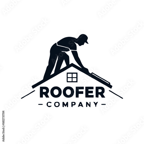 Vector art of silhouette of a roofer working on a house roof