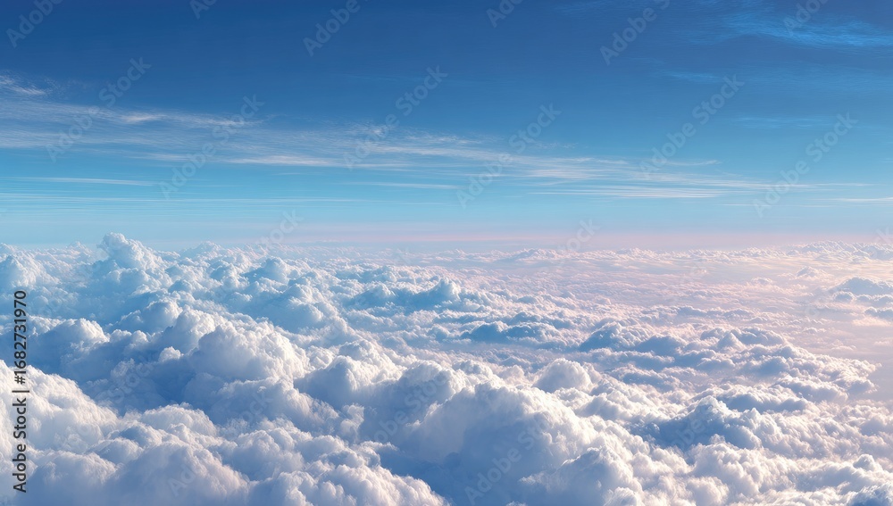 Naklejka premium Vast expanse of fluffy white clouds against a vibrant blue sky. A high-altitude view of a cloud layer